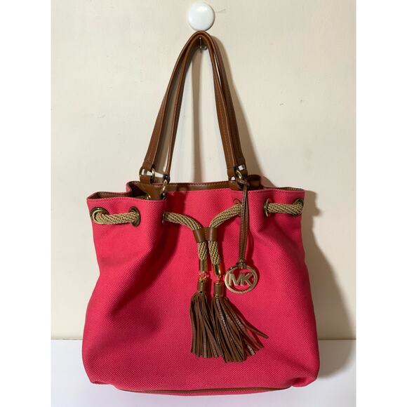 Michael Kors Marina Large Gathered Tote Hobo Bag Canvas Coral Pink Color - USED - Picture 1 of 6